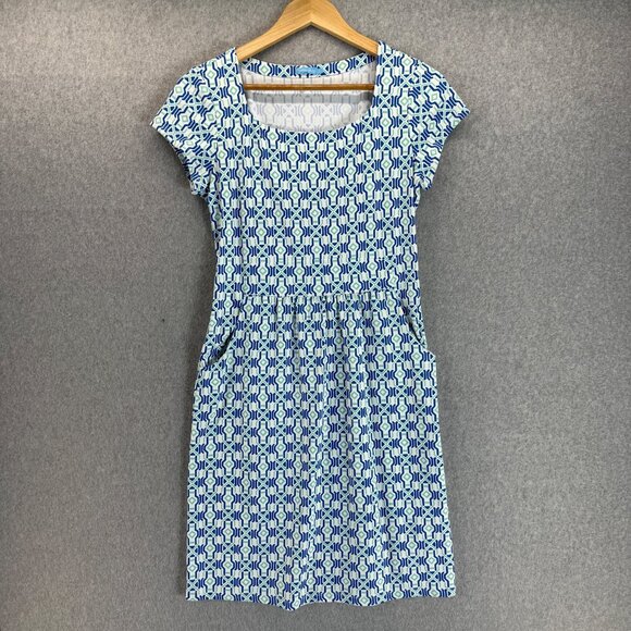 J. McLaughlin Size Small Blue White Geometric Print Short Sleeve‎ Dress Pockets - Picture 1 of 15